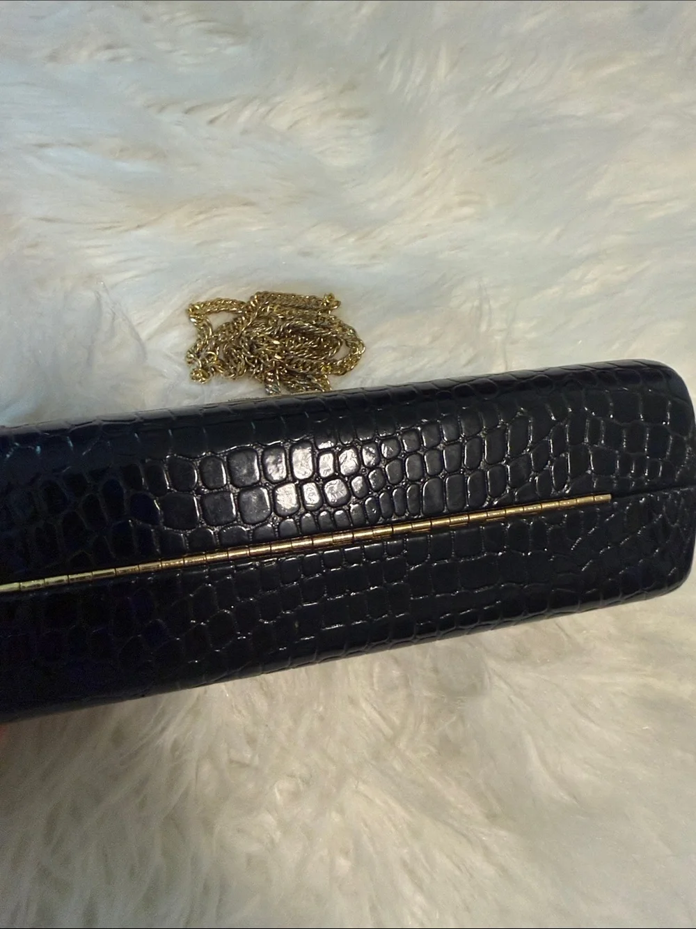 Isabella adams New York Black Croc-Embossed Evening Clutch with Gold Chain